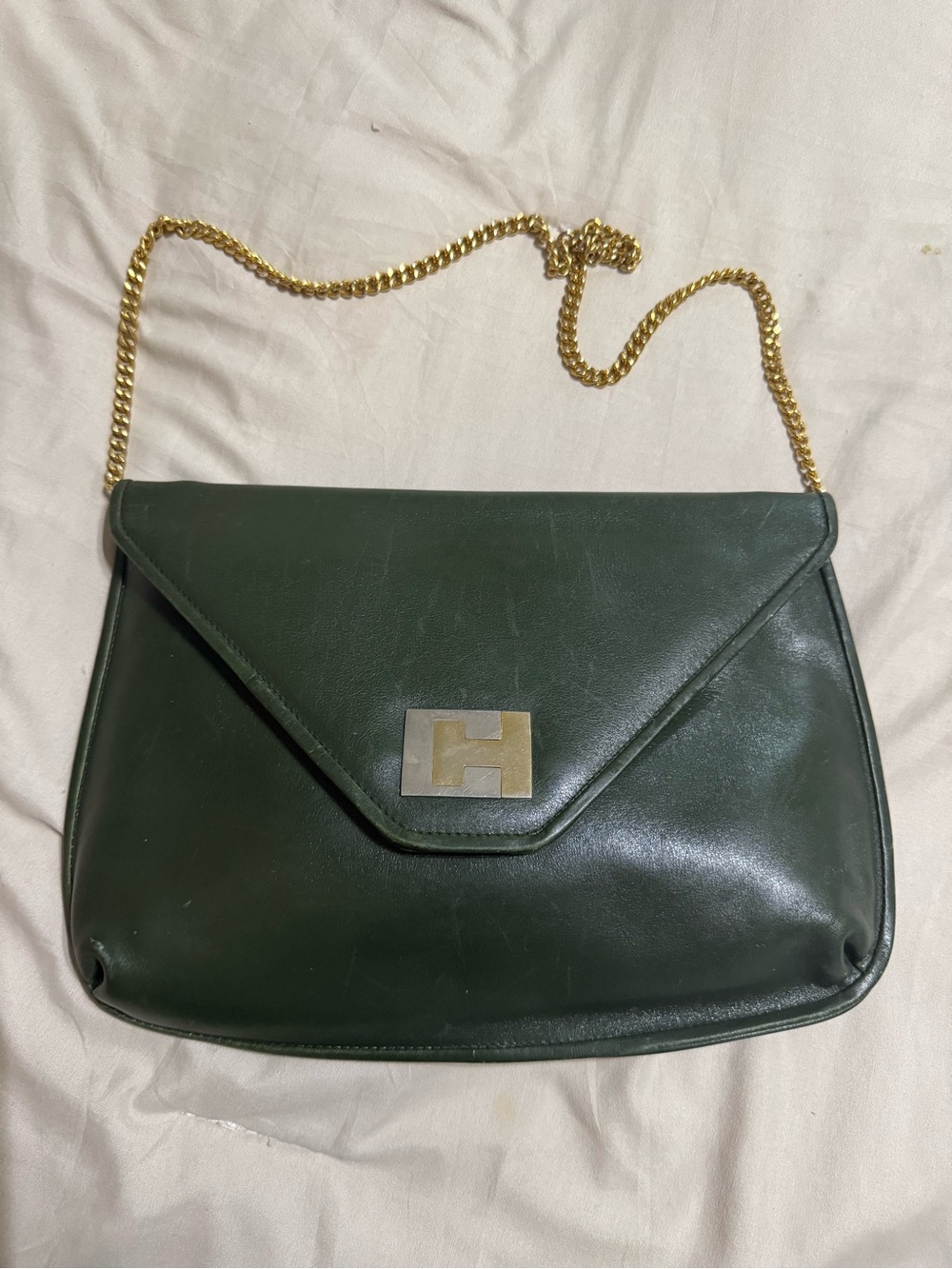Vintage SUSAN GAIL Green Leather Envelope Convertible Clutch Gold Chain Bag⁠